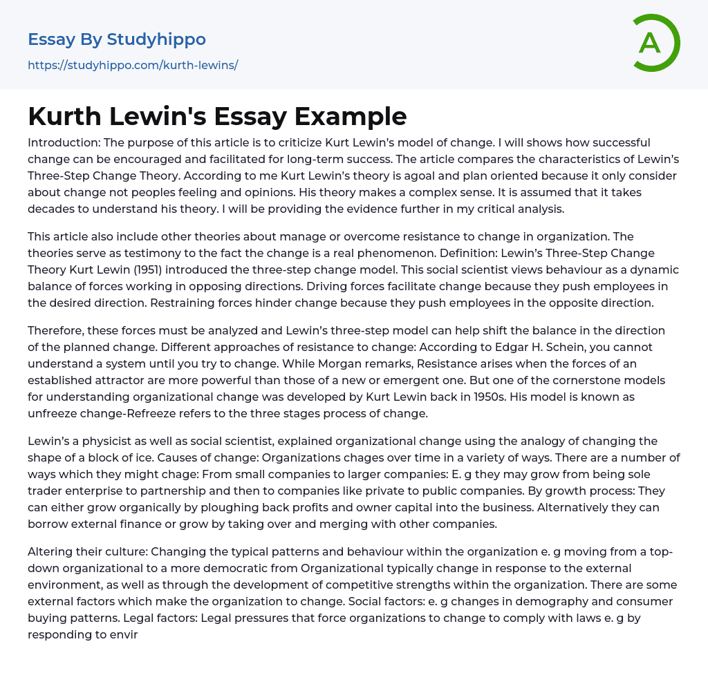Kurth Lewin’s Essay Example