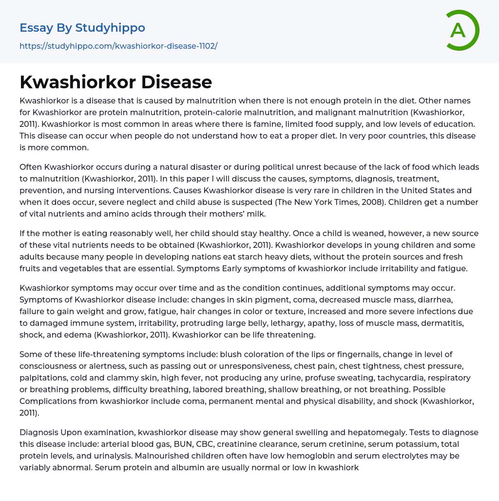 Kwashiorkor Disease Essay Example
