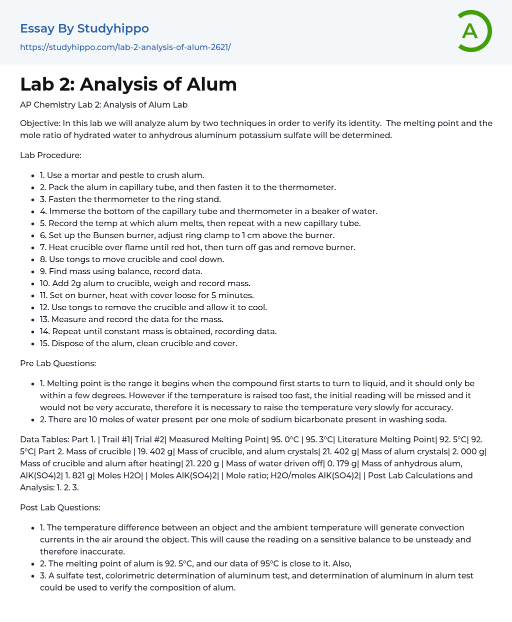 AP Chemistry Lab: Analysis of Alum Essay Example
