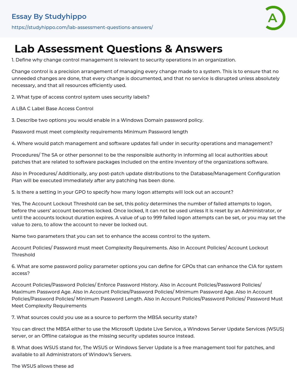 Lab Assessment Questions & Answers Essay Example