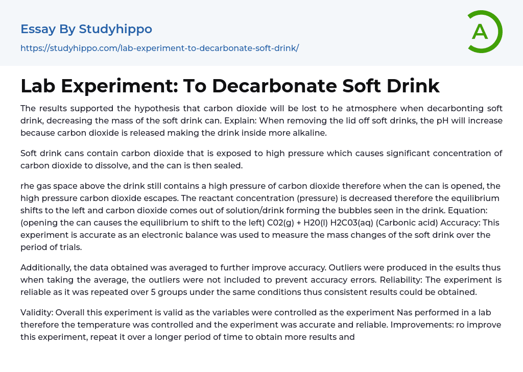 Lab Experiment: To Decarbonate Soft Drink Essay Example