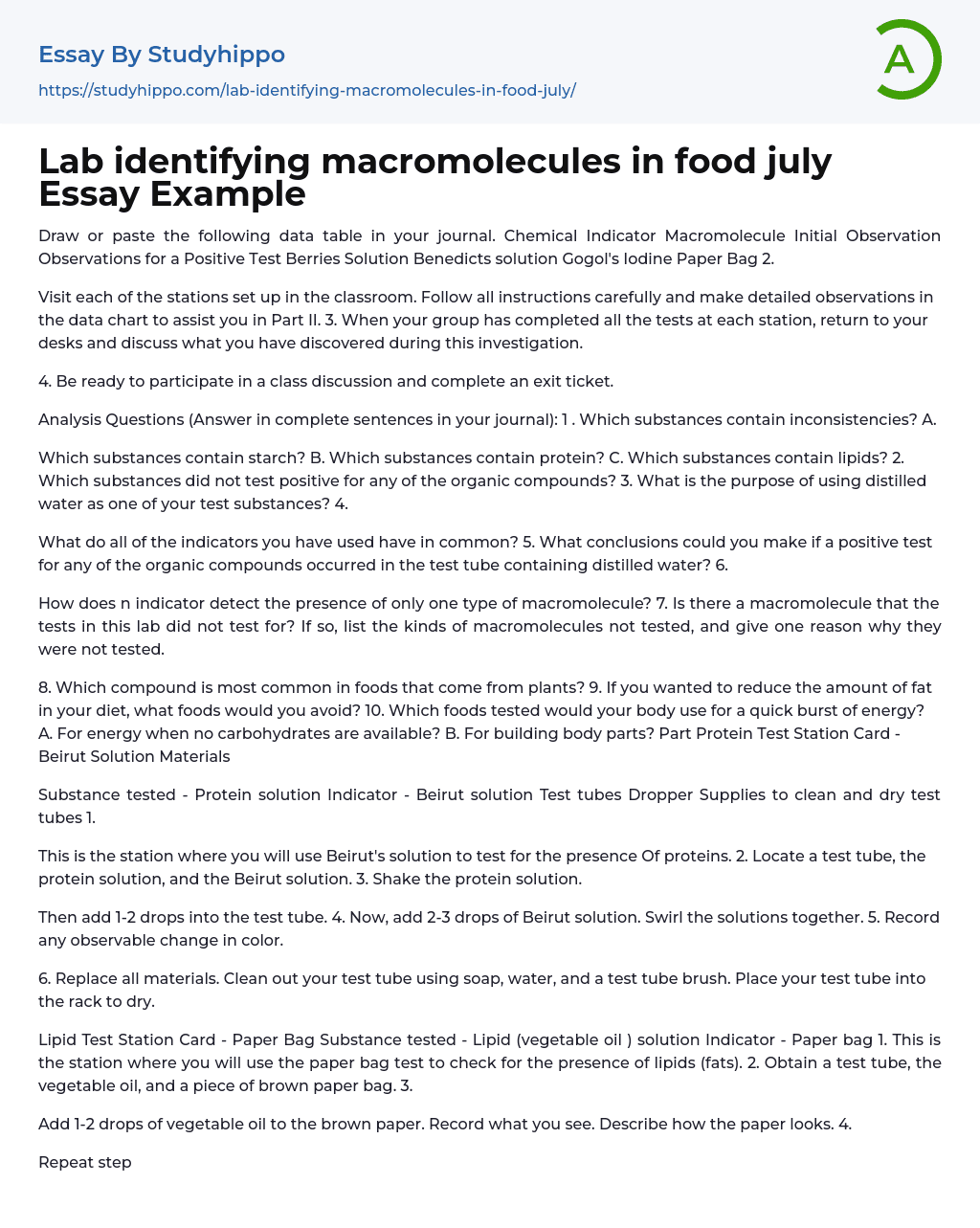 Lab identifying macromolecules in food july Essay Example