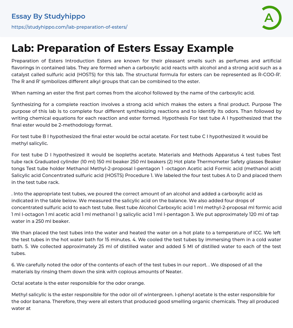 Lab: Preparation of Esters Essay Example