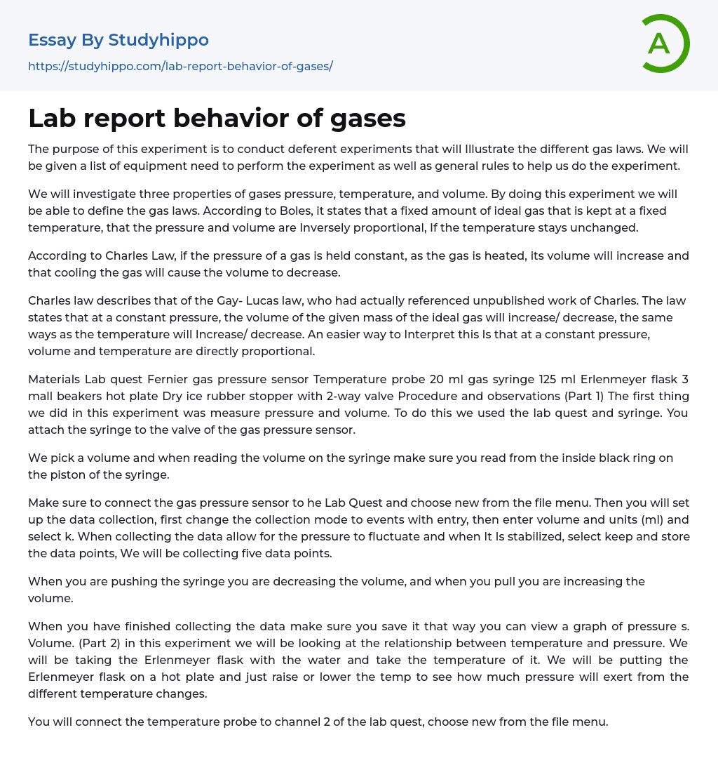 Lab report behavior of gases Essay Example