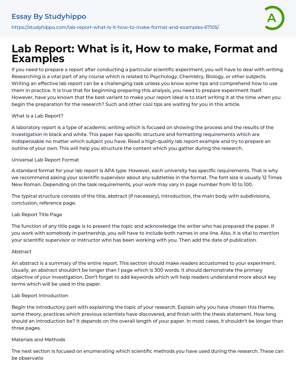 Lab Report: What is it, How to make, Format and Examples Essay Example