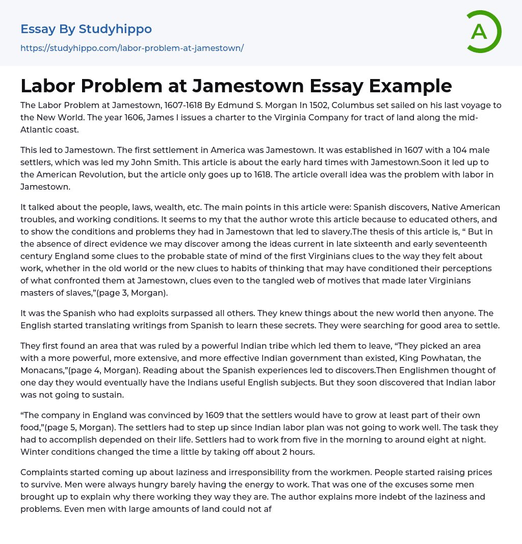 Labor Problem at Jamestown Essay Example