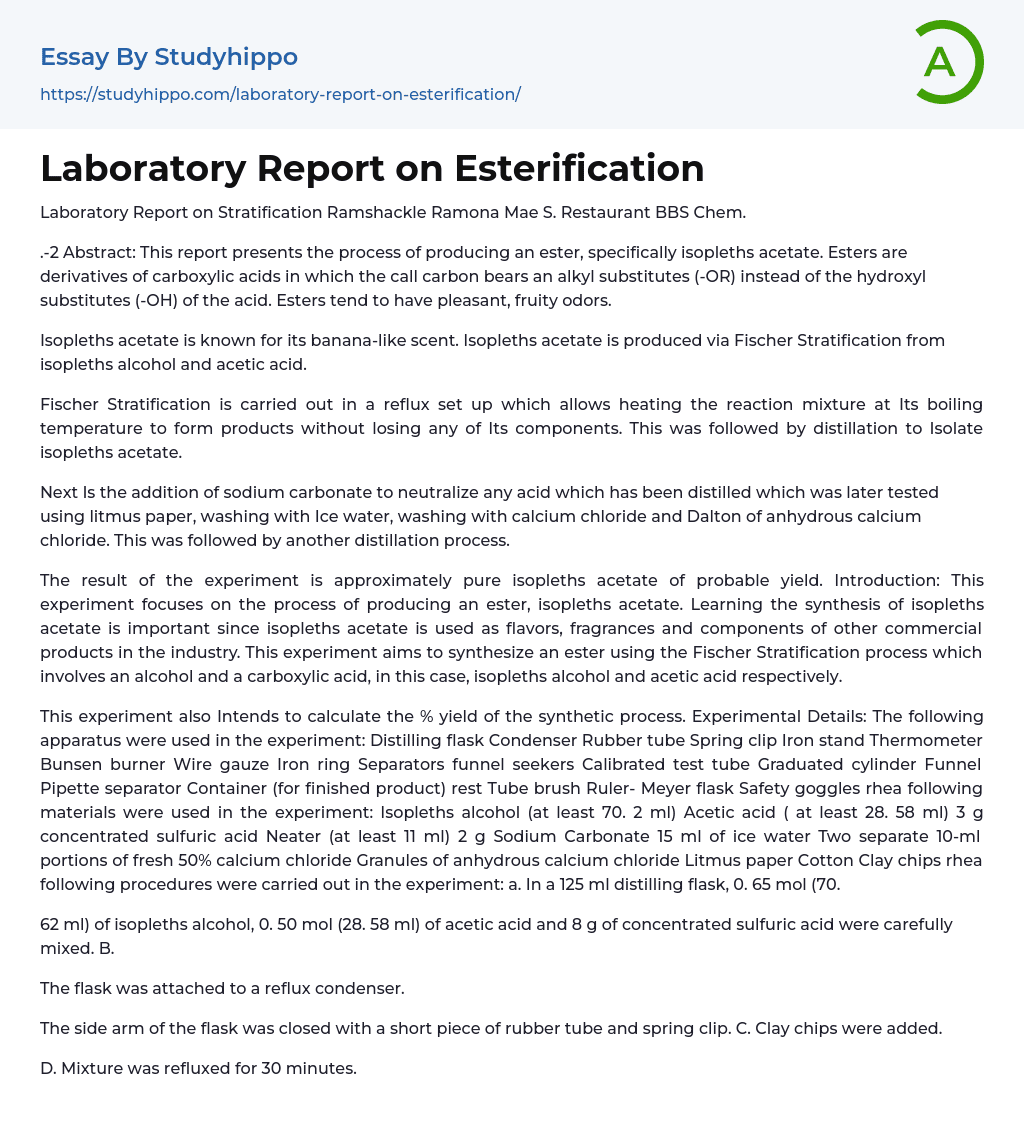 Laboratory Report on Esterification Essay Example