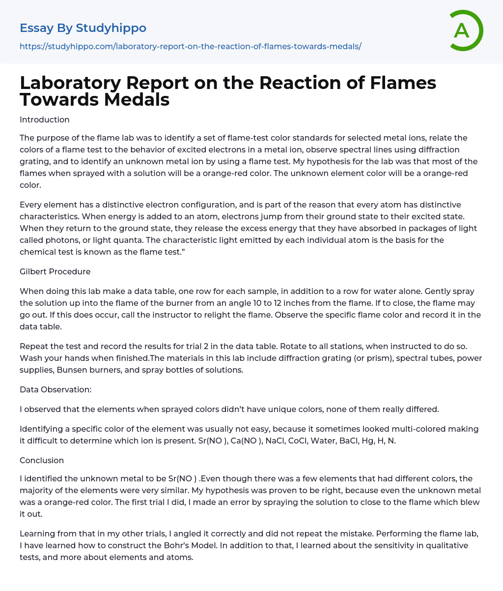 Laboratory Report on the Reaction of Flames Towards Medals Essay Example