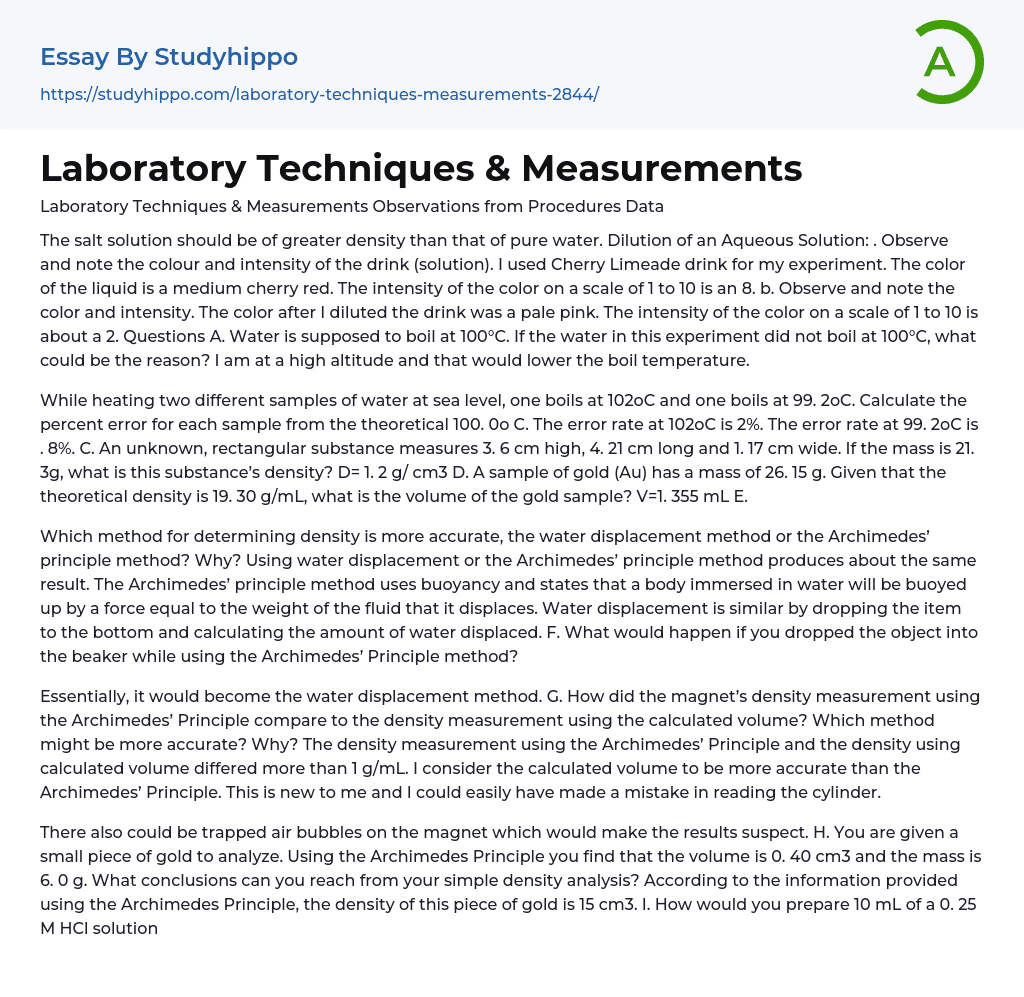 Laboratory Techniques & Measurements: Cherry Limeade Essay Example