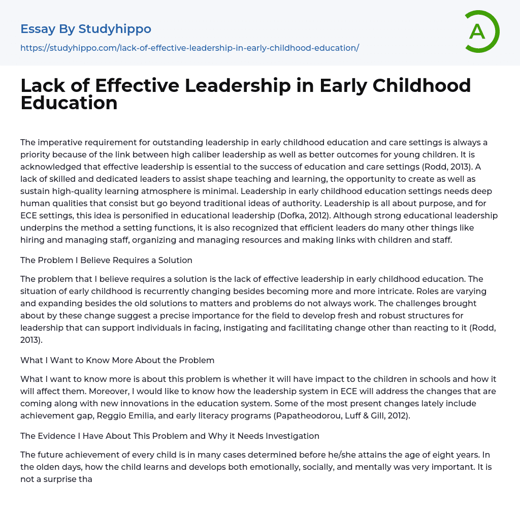 Lack of Effective Leadership in Early Childhood Education Essay Example
