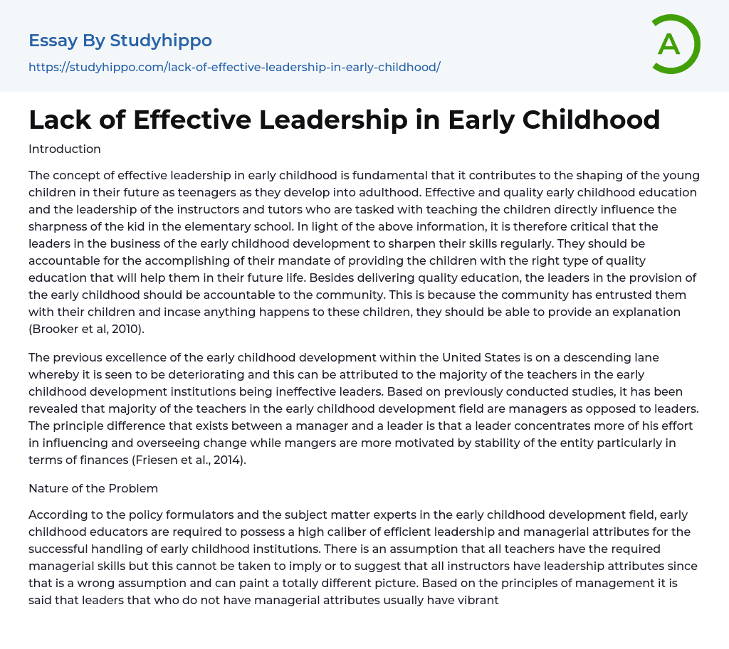 Lack of Effective Leadership in Early Childhood Essay Example