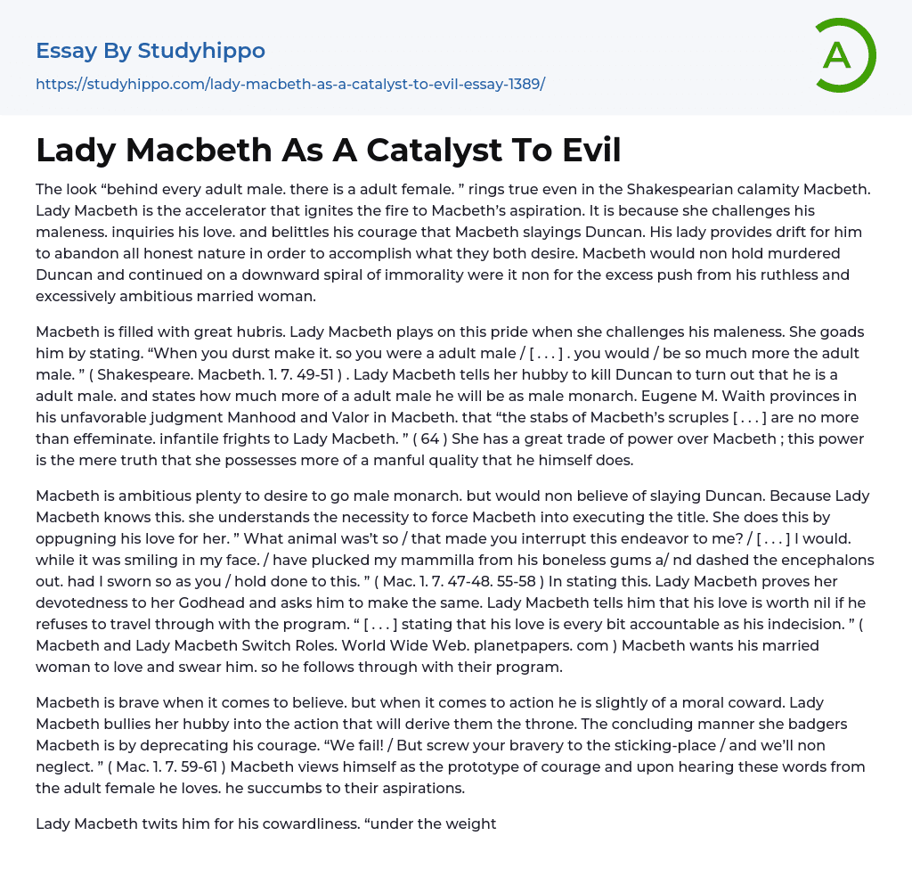 Lady Macbeth As A Catalyst To Evil Essay Example