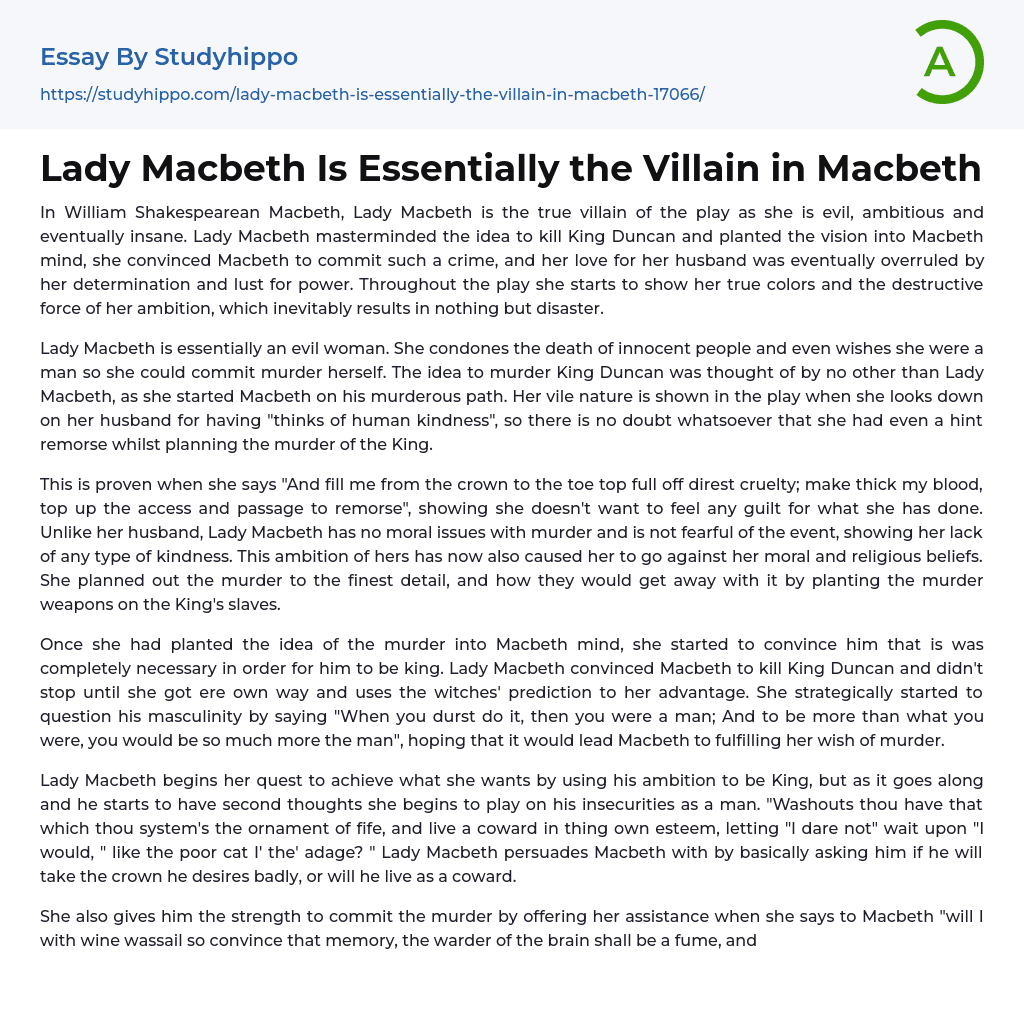 Lady Macbeth Is Essentially the Villain in Macbeth Essay Example