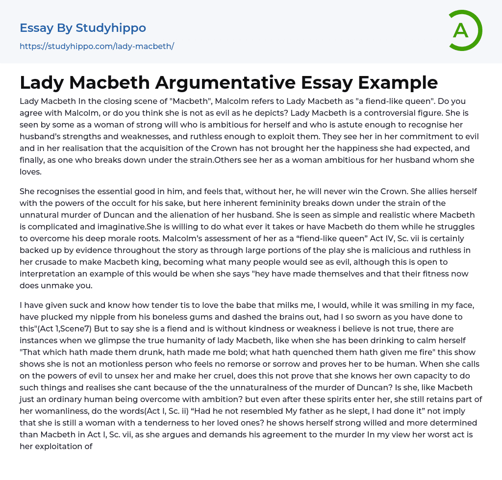 Lady Macbeth Argumentative Essay Example