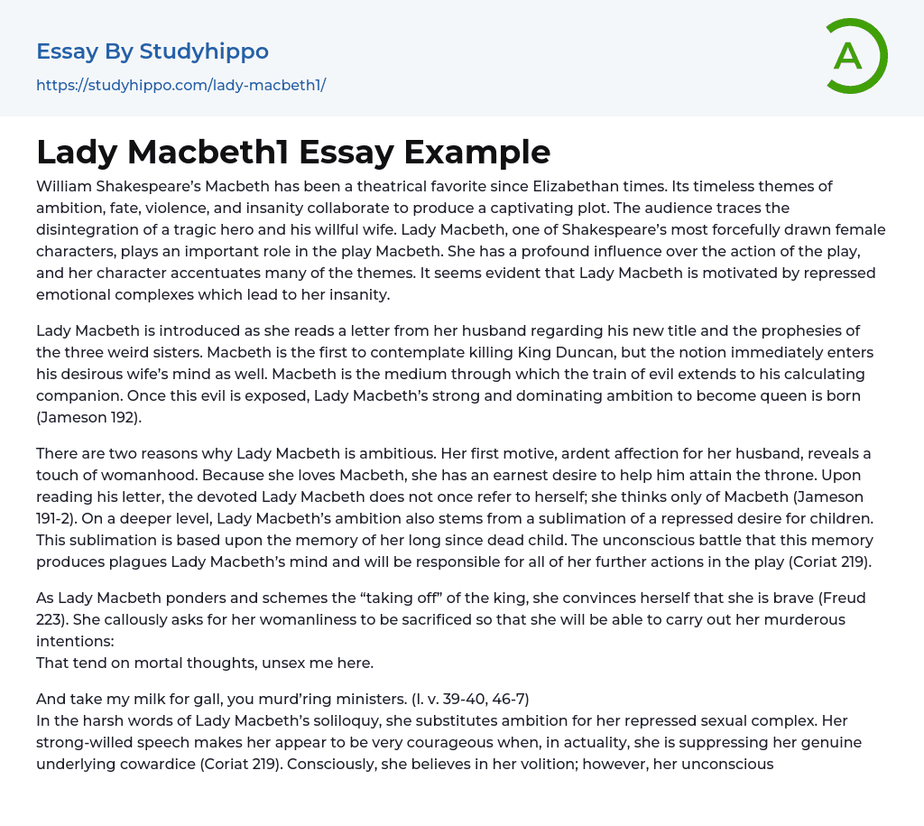 Lady Macbeth1 Essay Example