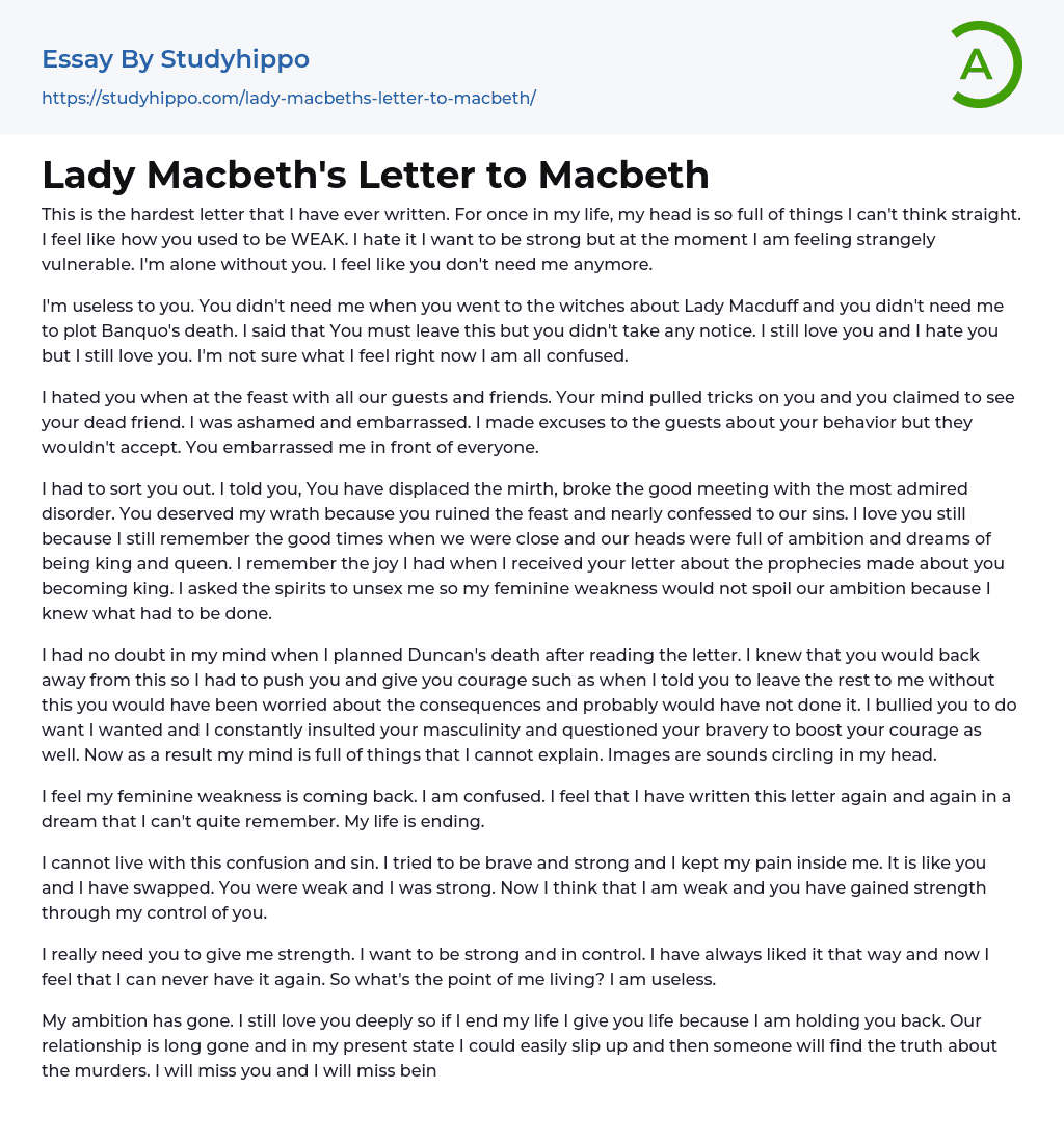 Lady Macbeth s Letter To Macbeth Essay Example StudyHippo