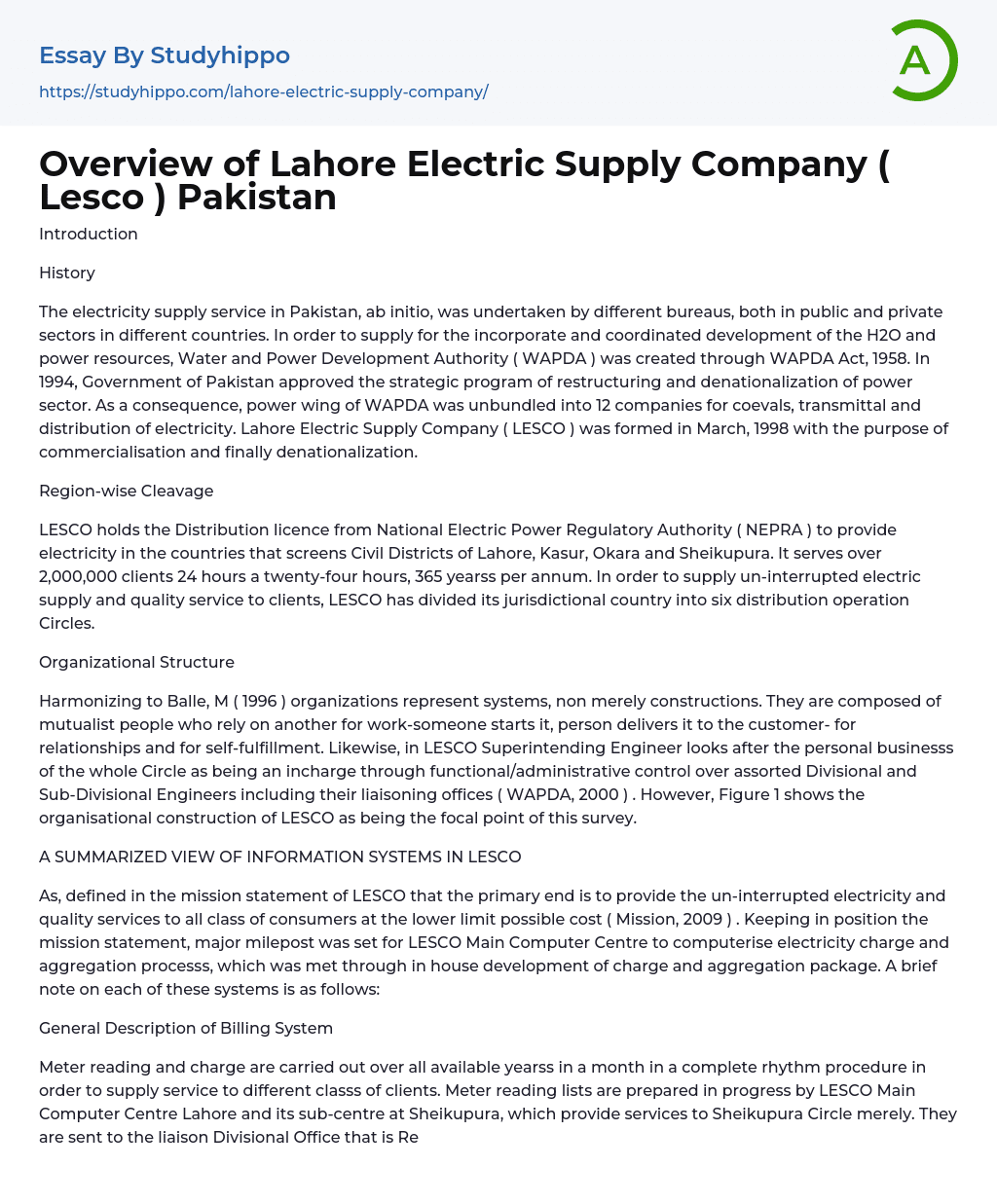 Overview of Lahore Electric Supply Company ( Lesco ) Pakistan Essay Example