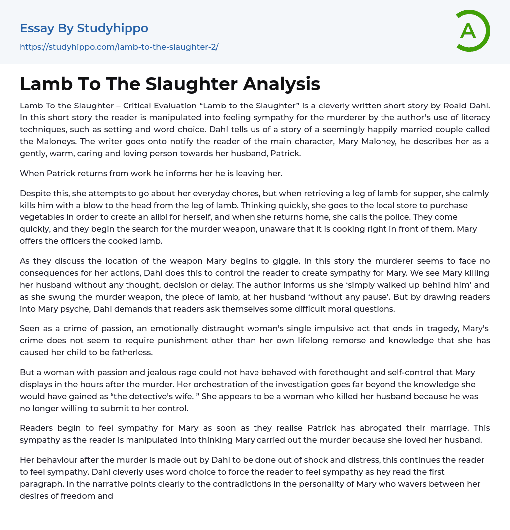 Lamb To The Slaughter Analysis Essay Example