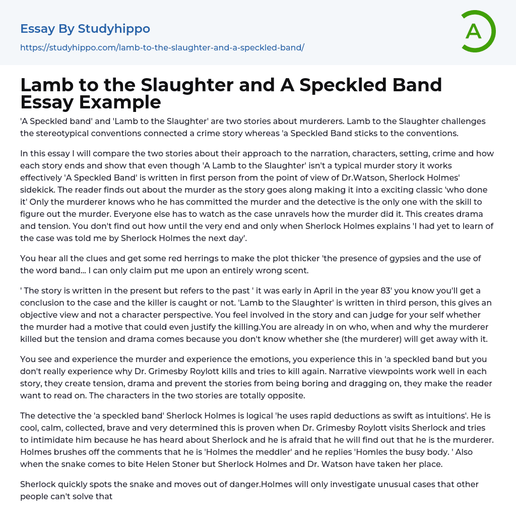Lamb to the Slaughter and A Speckled Band Essay Example