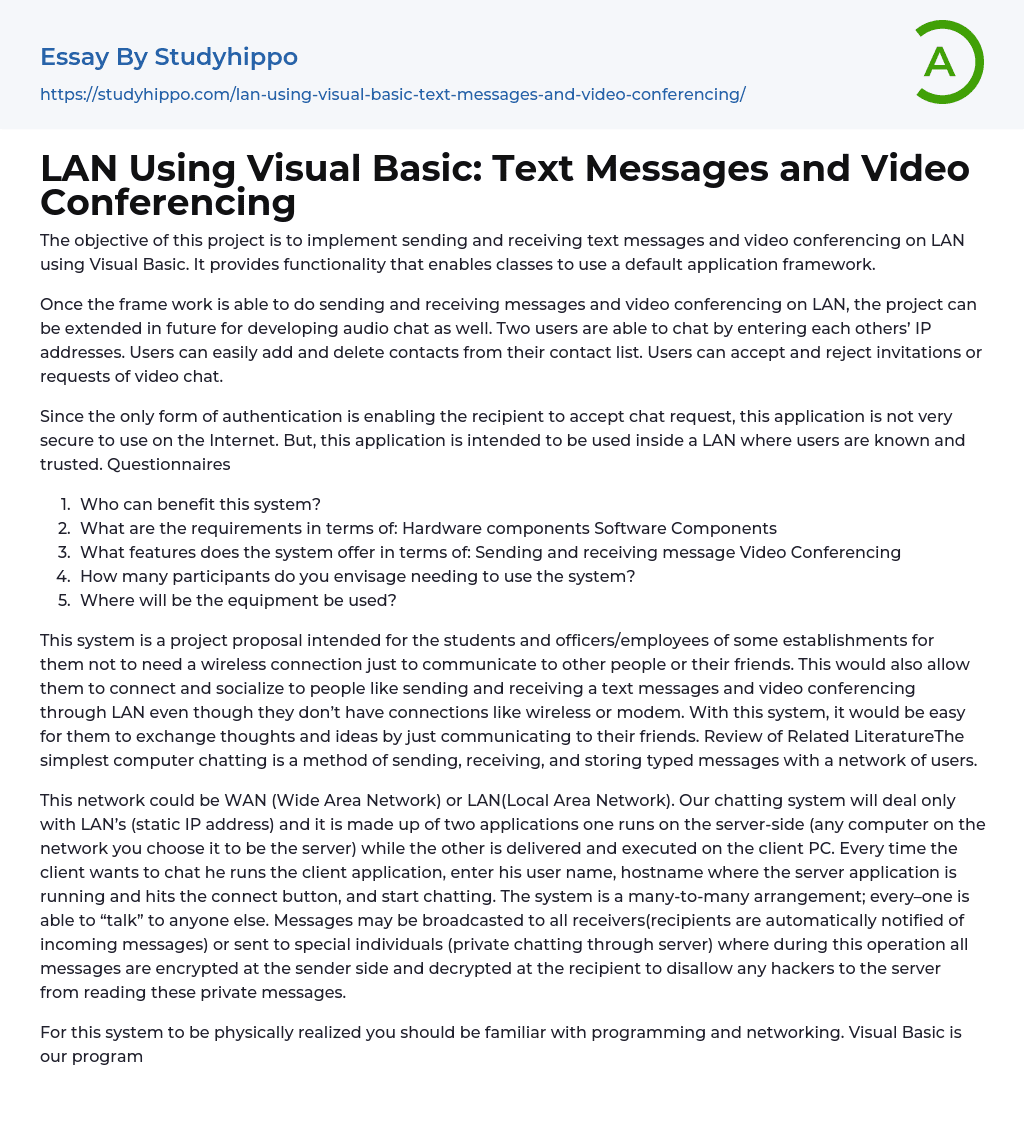 LAN Using Visual Basic: Text Messages and Video Conferencing Essay Example
