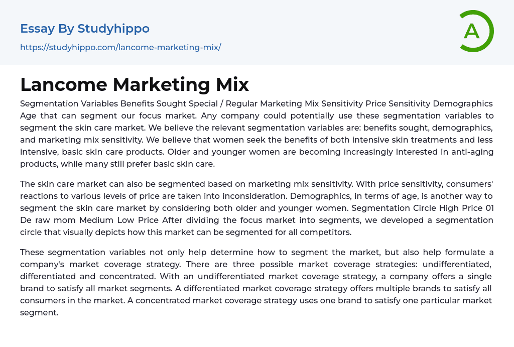 Lancome Marketing Mix Essay Example