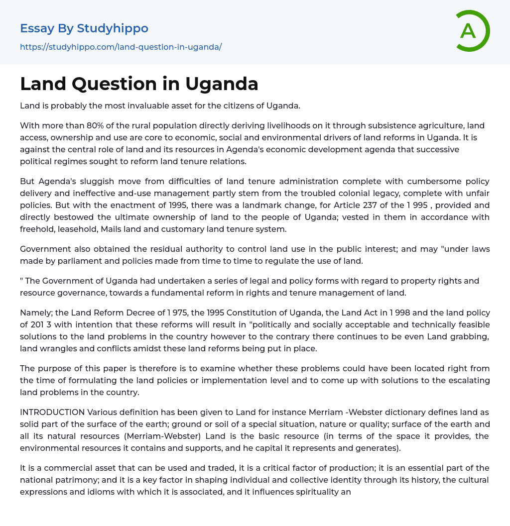 Land Question in Uganda Essay Example