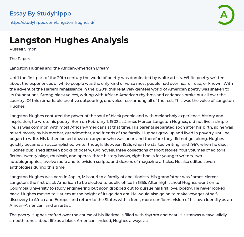 Langston Hughes Analysis Essay Example