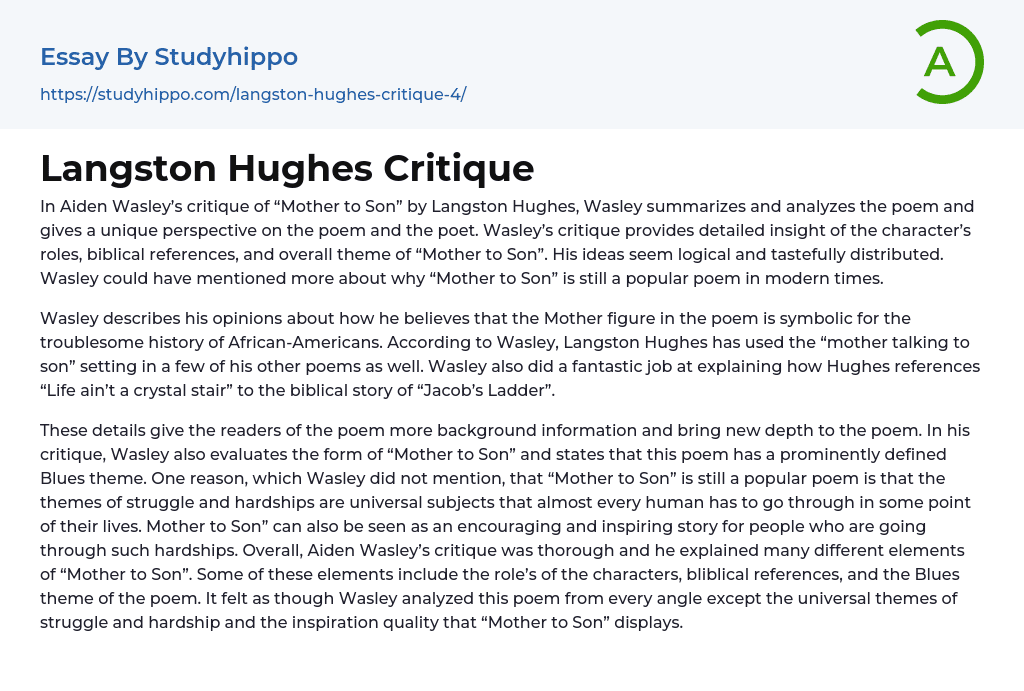 Langston Hughes Critique Essay Example