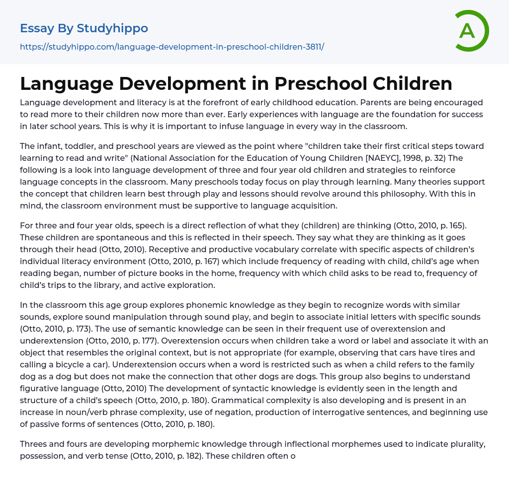 Language Development in Preschool Children Essay Example