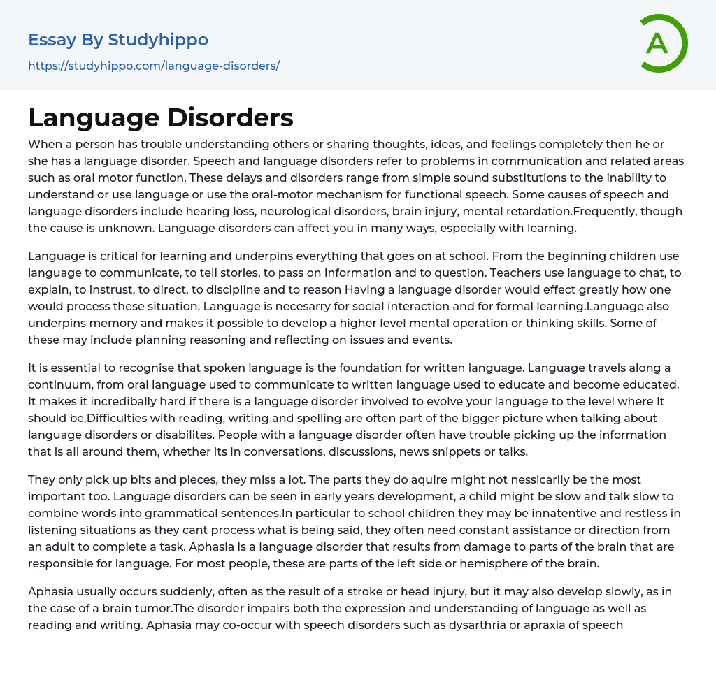 Language Disorders Essay Example