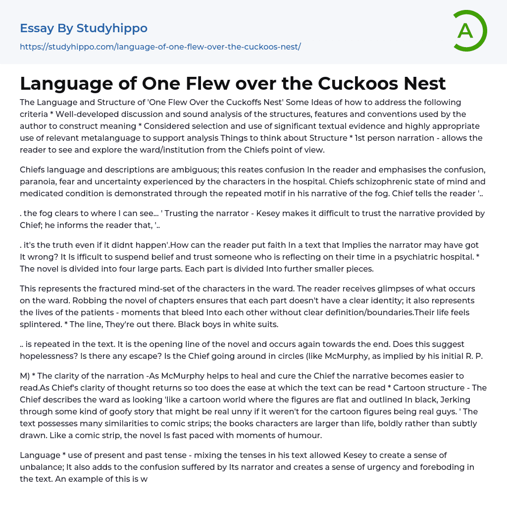 Language of One Flew over the Cuckoos Nest Essay Example