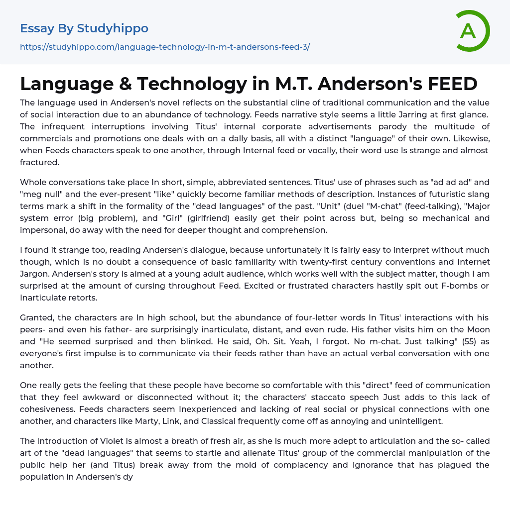 Language & Technology in M.T. Anderson’s FEED Essay Example