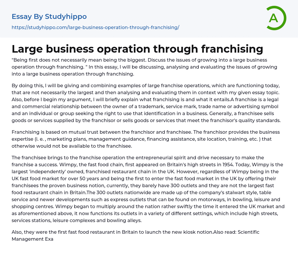 Large business operation through franchising Essay Example