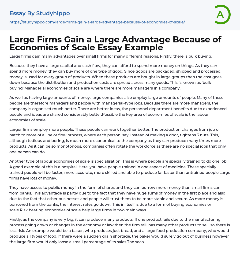 Large Firms Gain a Large Advantage Because of Economies of Scale Essay Example