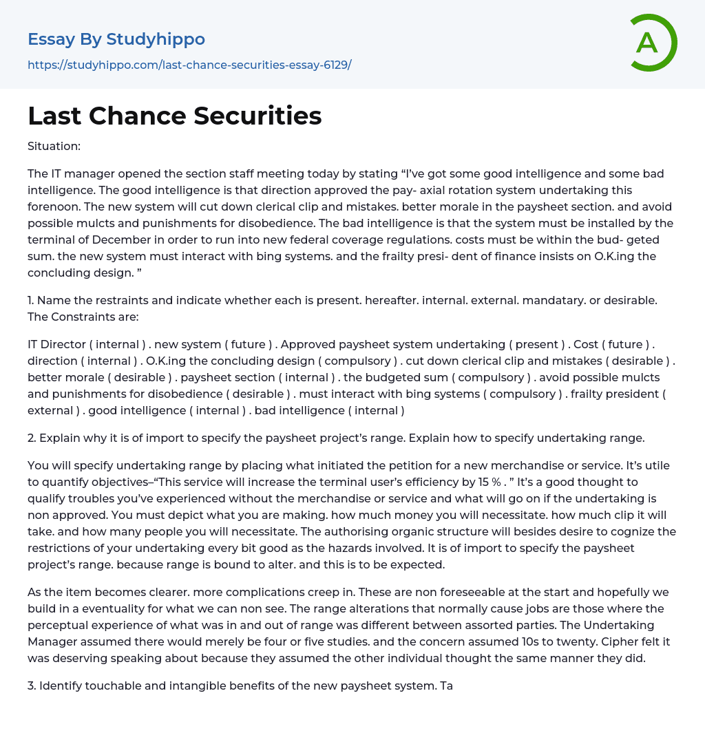 Last Chance Securities Essay Example