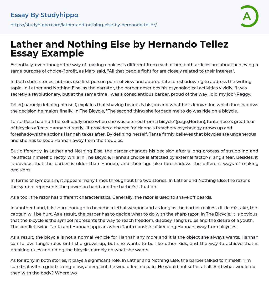 Lather and Nothing Else by Hernando Tellez Essay Example