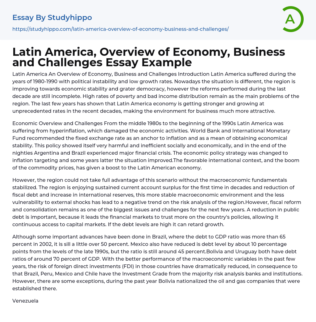 Latin America, Overview of Economy, Business and Challenges Essay Example