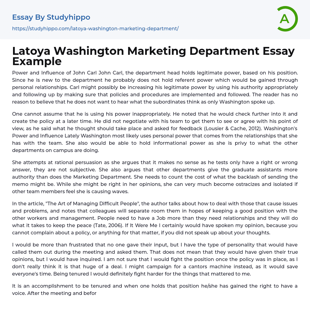 Latoya Washington Marketing Department Essay Example
