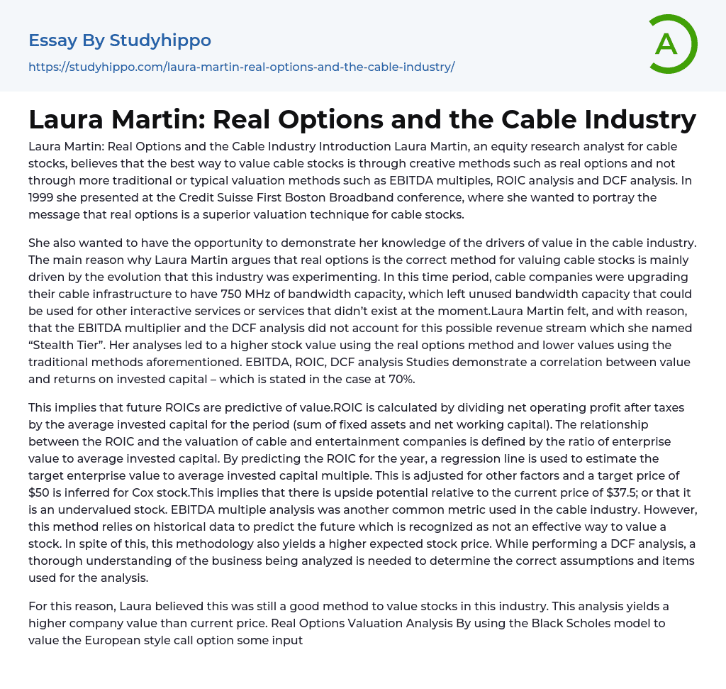 Laura Martin: Real Options and the Cable Industry Essay Example