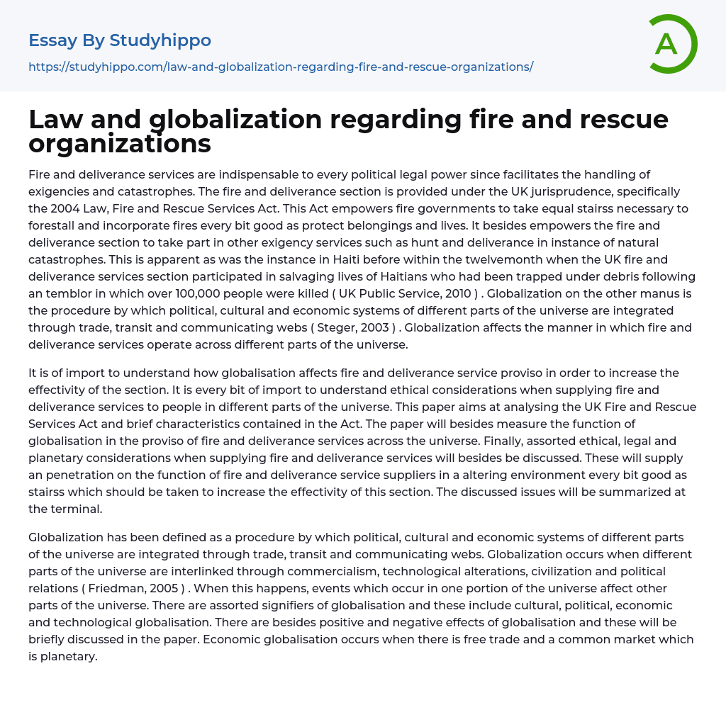 Law and globalization regarding fire and rescue organizations Essay Example