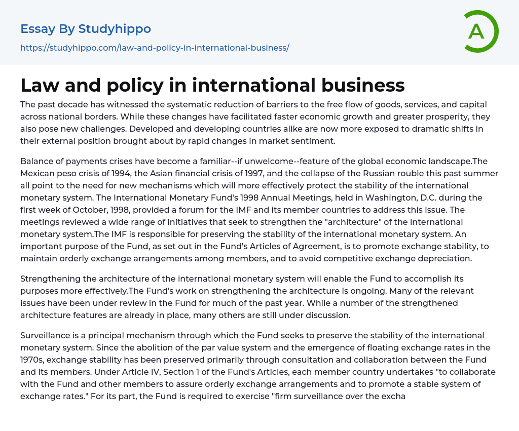 Law and policy in international business Essay Example
