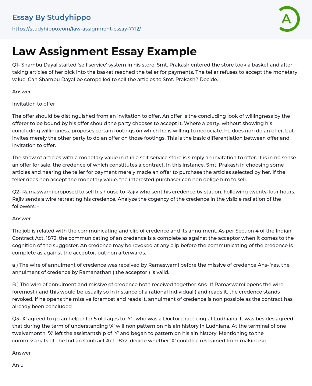 Law Assignment Essay Example