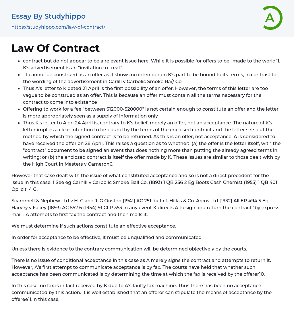 Law Of Contract Essay Example