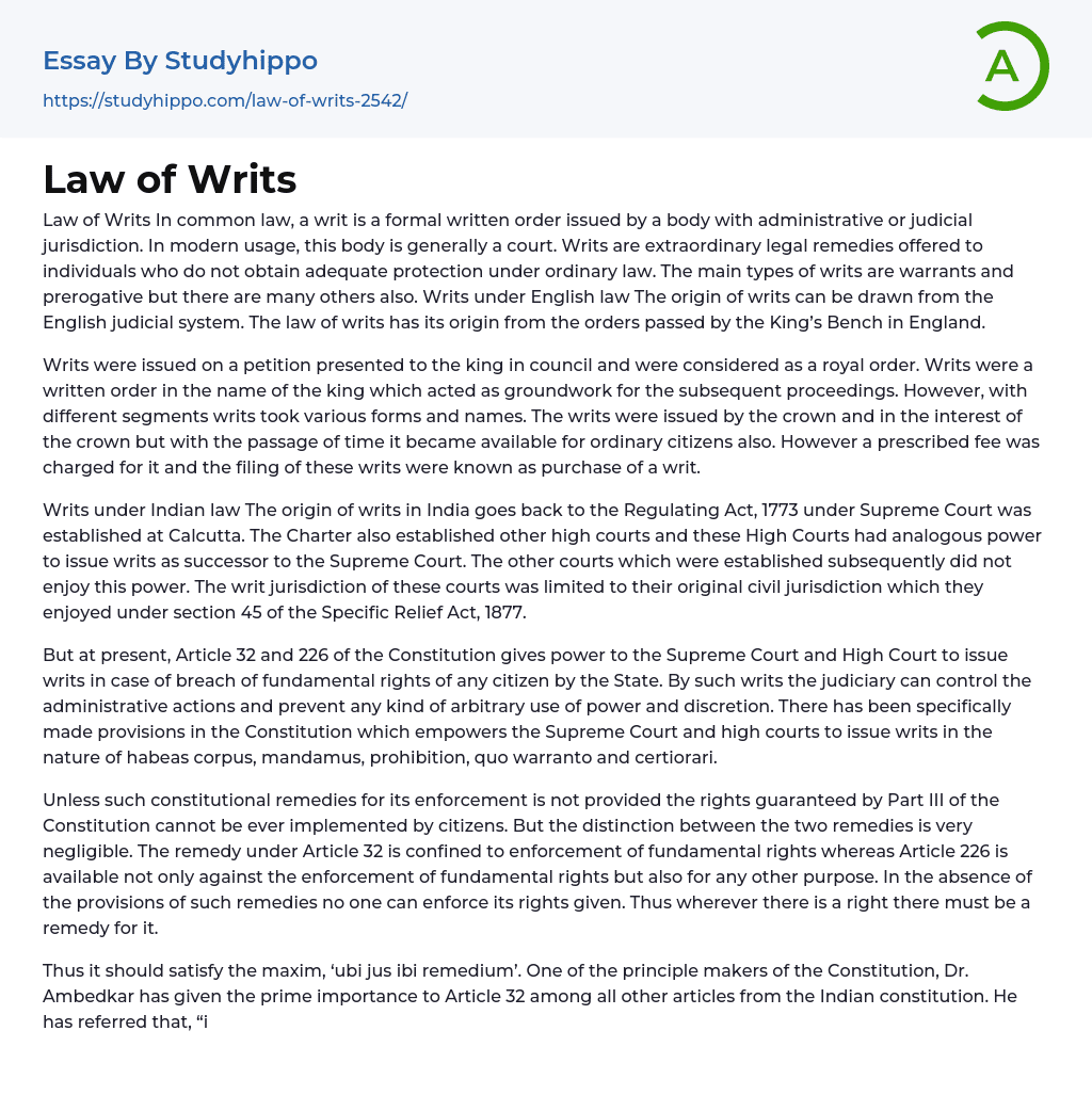 Law of Writs Essay Example