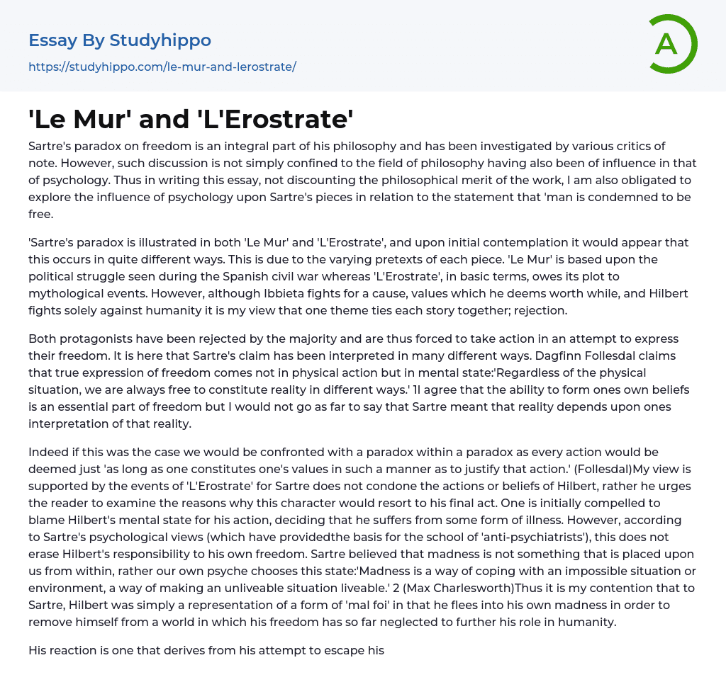 Le Mur’ and ‘L’Erostrate’ Essay Example