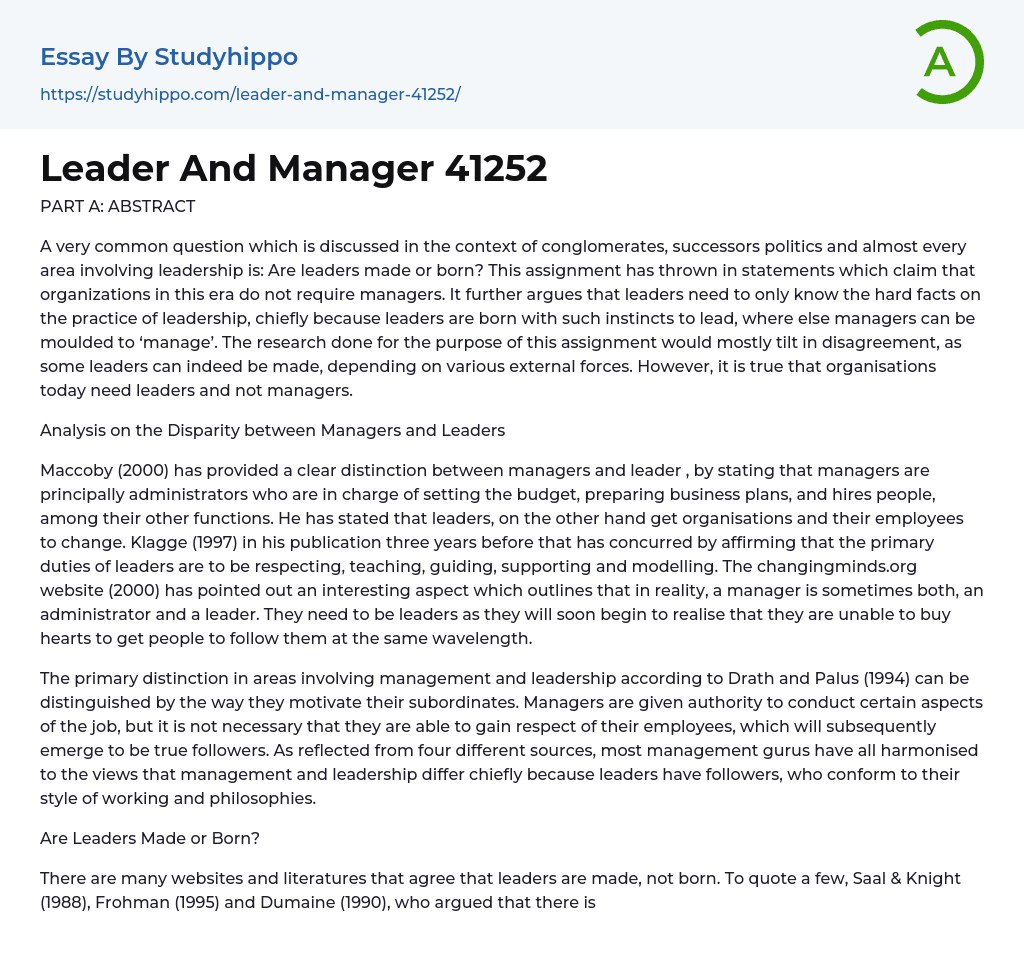 Leader And Manager 41252 Essay Example
