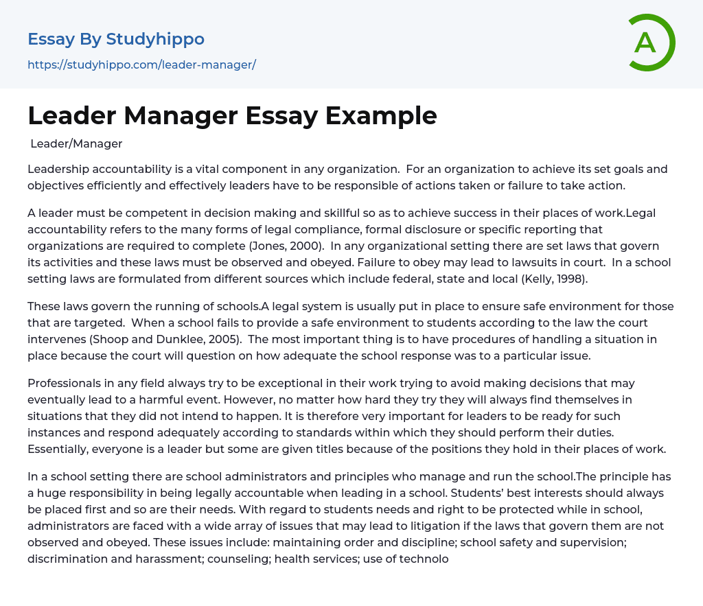 Leader Manager Essay Example