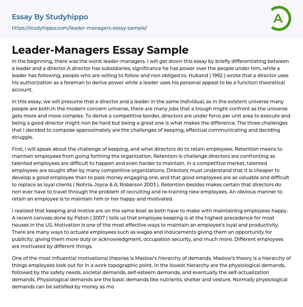 Leader-Managers Essay Sample