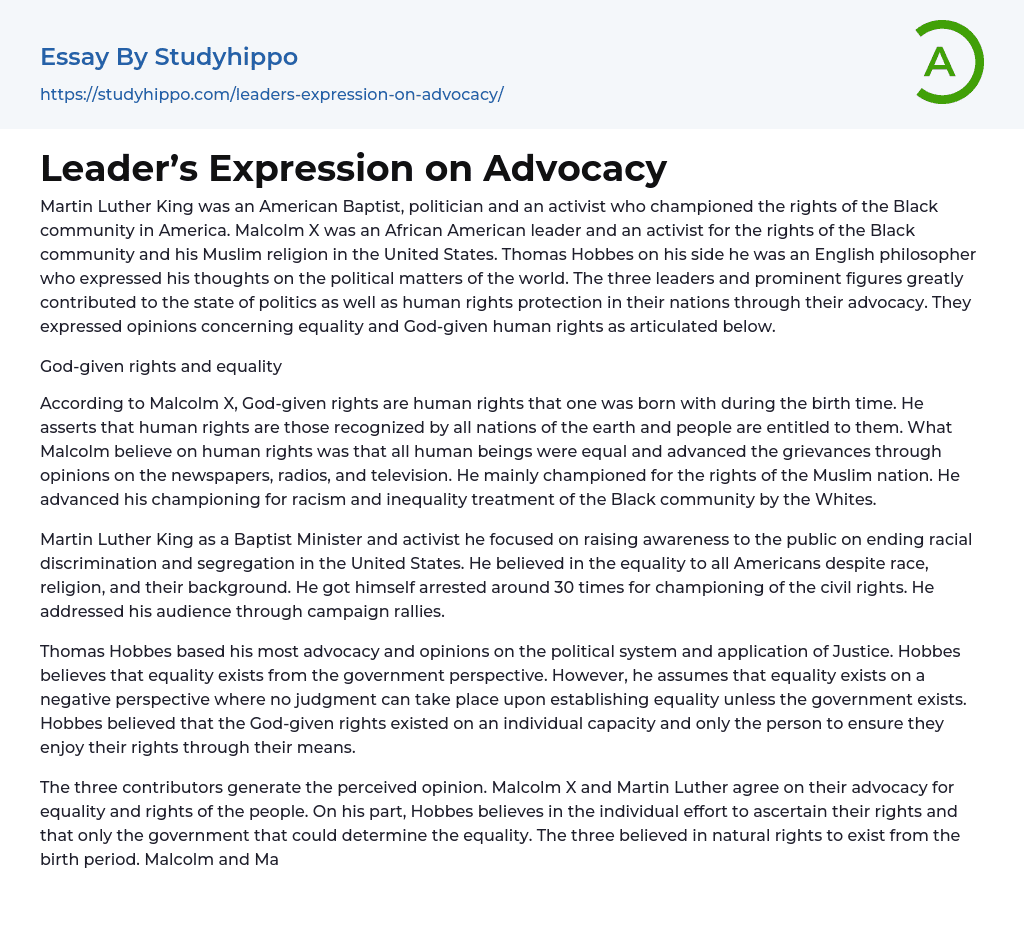 Leader’s Expression on Advocacy Essay Example