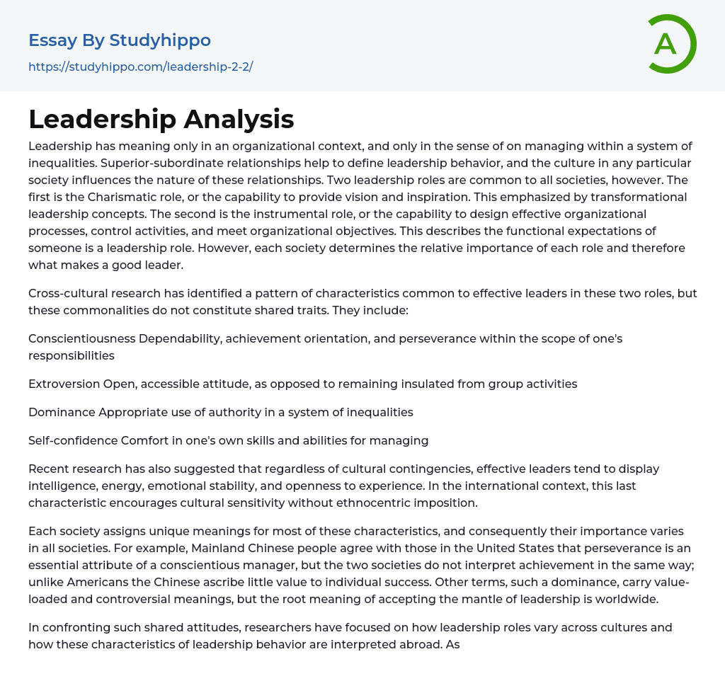 Leadership Analysis Essay Example